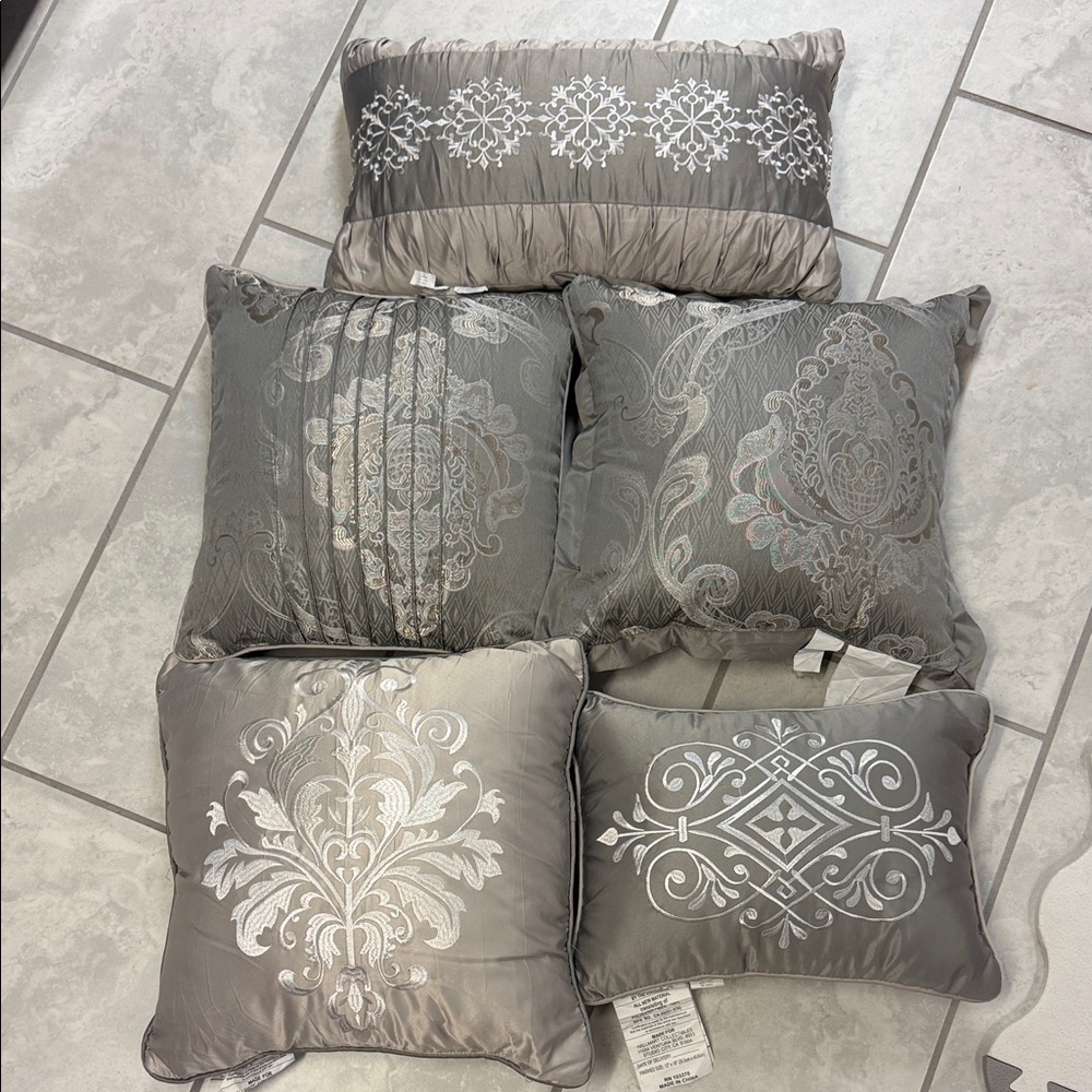Decorative Embroidered Gray Accent Pillow Set - Elegant Home Accents